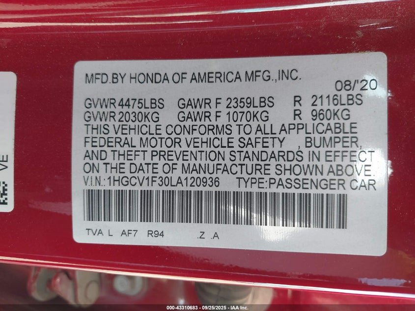 1HGCV1F30LA120936 2020 HONDA ACCORD photo no. 9