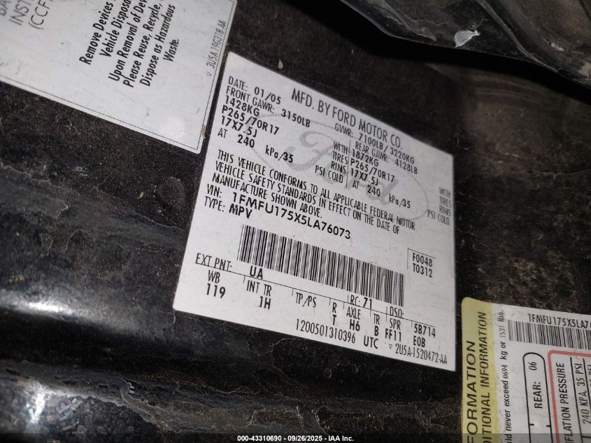 2005 Ford Expedition Eddie Bauer/King Ranch VIN: 1FMFU175X5LA76073 Lot: 43310690