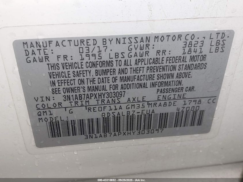 2017 Nissan Sentra S VIN: 3N1AB7APXHY303097 Lot: 43310692