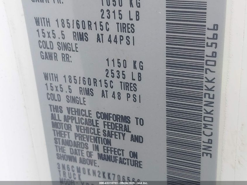 2019 Nissan Nv200 Sv VIN: 3N6CM0KN2KK706566 Lot: 43310703