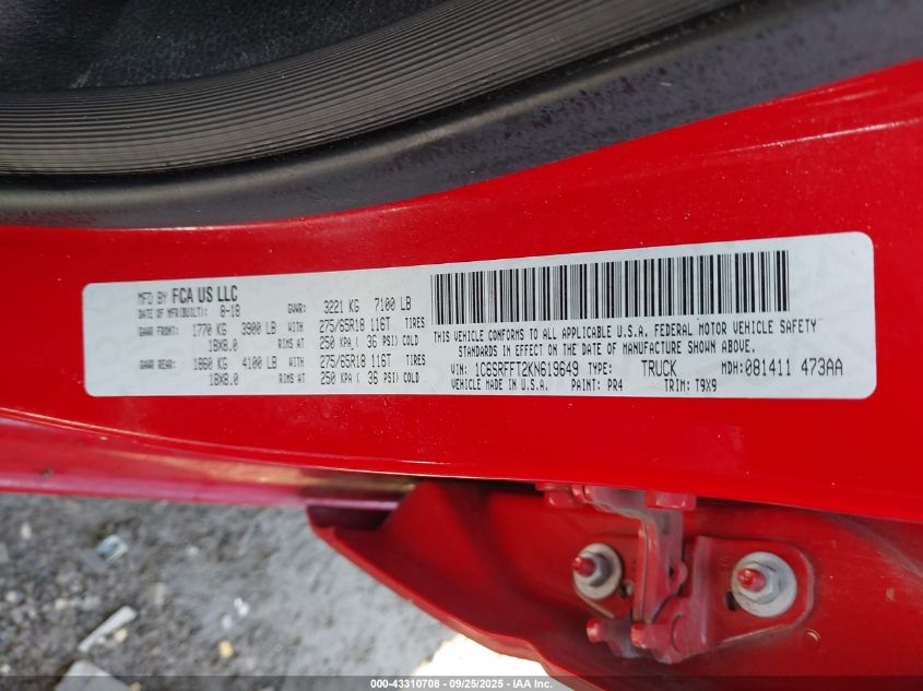 2019 Ram 1500 VIN: 1C6SRFFT2KN619649 Lot: 43310708