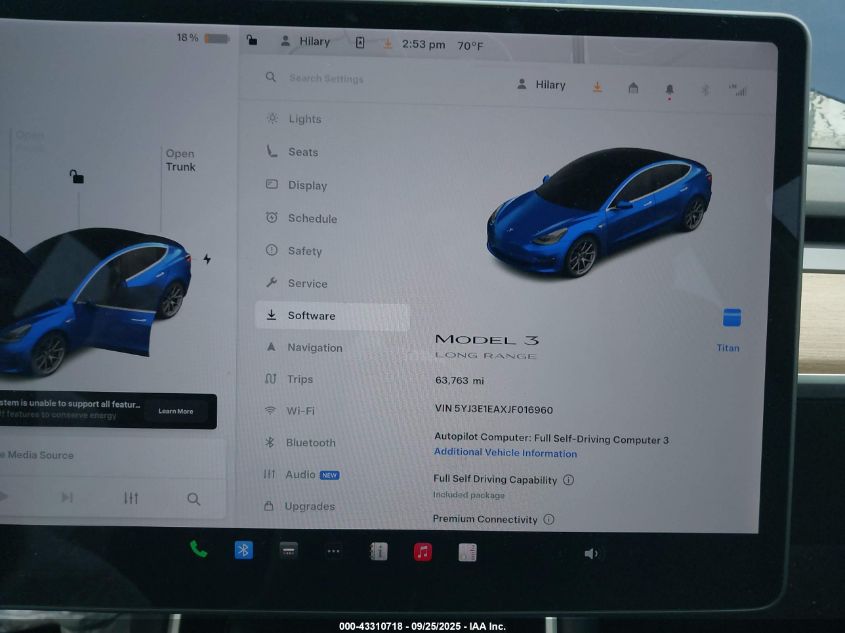 2018 Tesla Model 3 Long Range/Mid Range VIN: 5YJ3E1EAXJF016960 Lot: 43310718