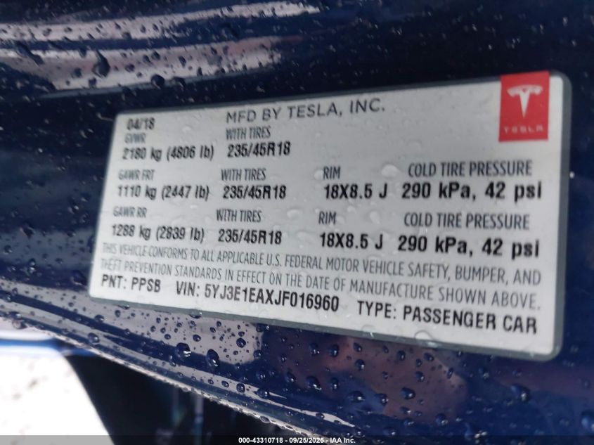 2018 Tesla Model 3 Long Range/Mid Range VIN: 5YJ3E1EAXJF016960 Lot: 43310718