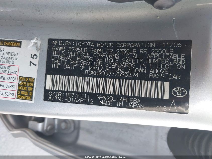 2007 Toyota Prius VIN: JTDKB20U377593324 Lot: 43310726