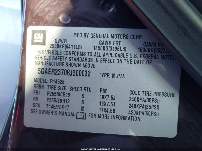 2008 Buick Enclave Cxl VIN: 5GAER23708J300032 Lot: 43310727