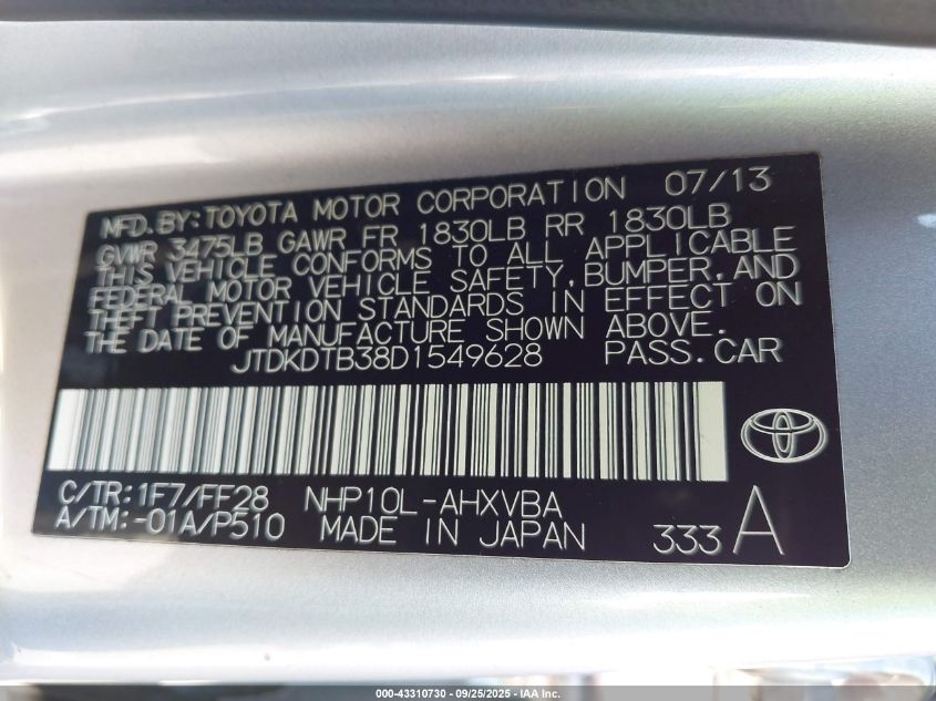 2013 Toyota Prius C Two VIN: JTDKDTB38D1549628 Lot: 43310730