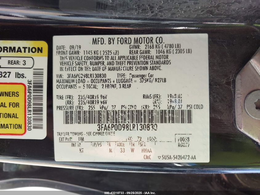 2020 Ford Fusion Titanium VIN: 3FA6P0D98LR130830 Lot: 43310733