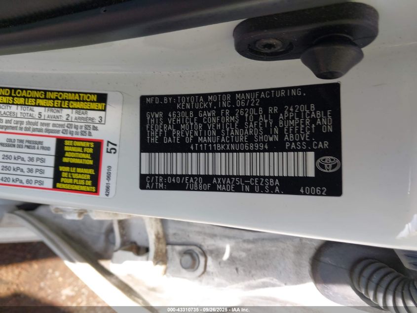 2022 Toyota Camry Se Awd VIN: 4T1T11BKXNU068994 Lot: 43310735