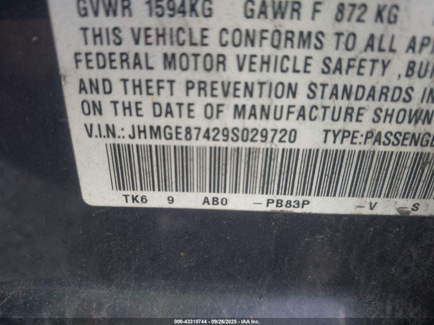 2009 Honda Fit Sport VIN: JHMGE87429S029720 Lot: 43310744