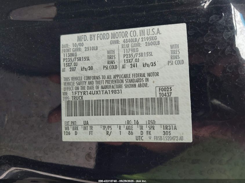 2001 Ford Ranger Edge/Xl/Xlt VIN: 1FTYR14UX1TA19831 Lot: 43310748