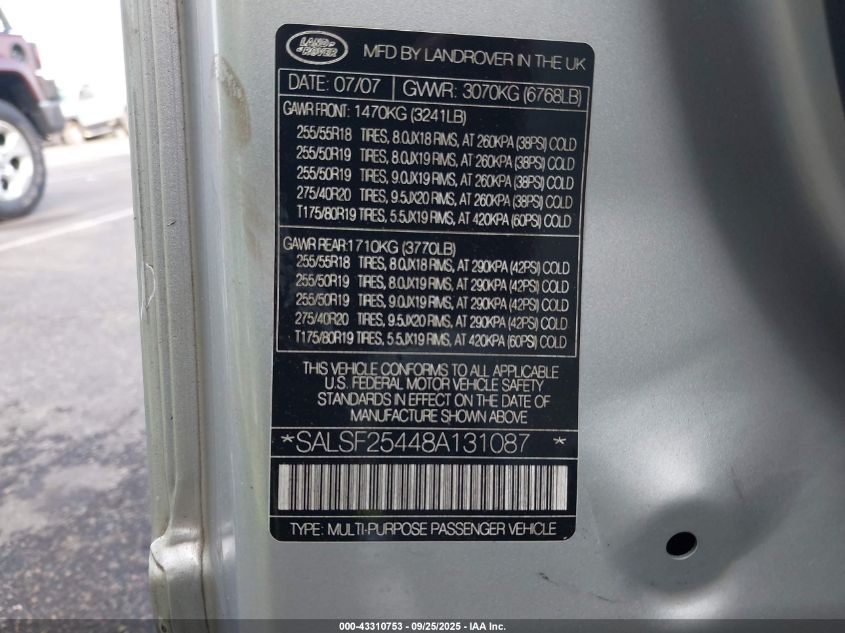 2008 Land Rover Range Rover Sport Hse VIN: SALSF25448A131087 Lot: 43310753