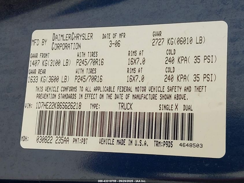 2006 Dodge Dakota St VIN: 1D7HE22K86S626218 Lot: 43310759