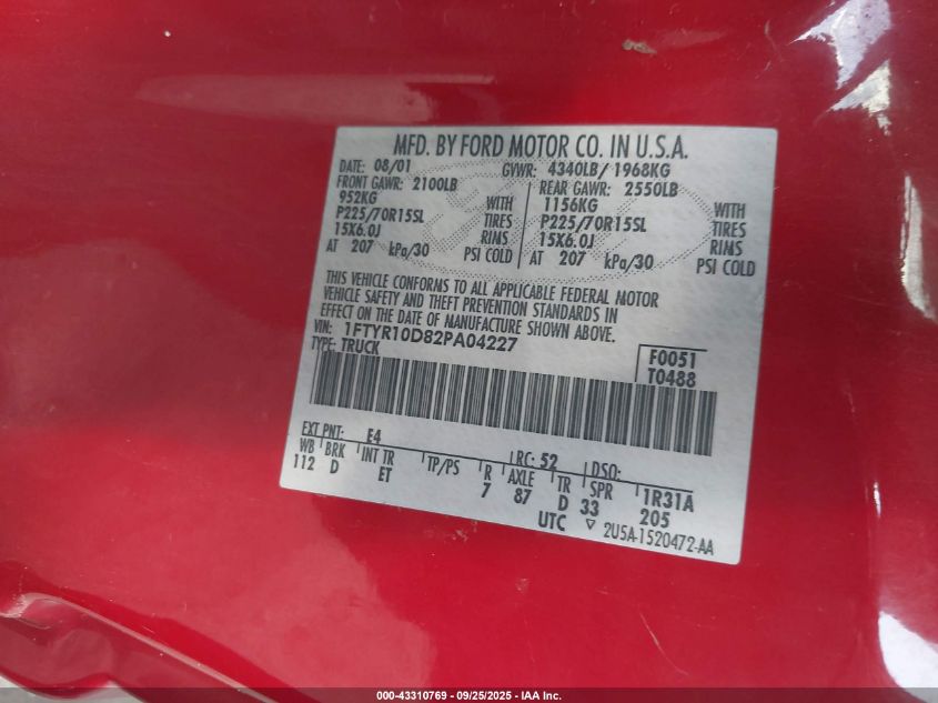 2002 Ford Ranger Xl/Xlt VIN: 1FTYR10D82PA04227 Lot: 43310769