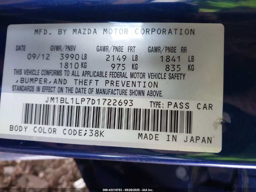 2013 Mazda Mazda3 I Touring VIN: JM1BL1LP7D1722693 Lot: 43310783