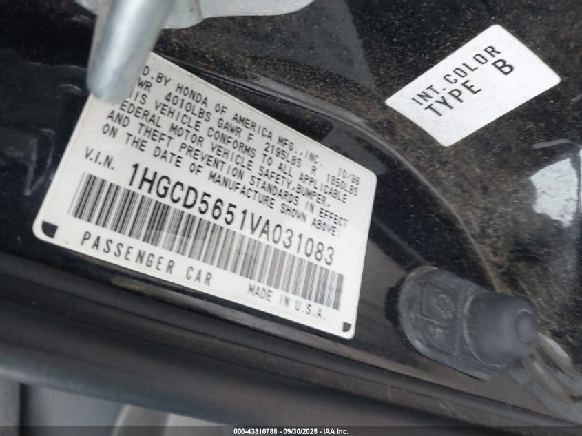 1997 Honda Accord Ex VIN: 1HGCD5651VA031083 Lot: 43310788
