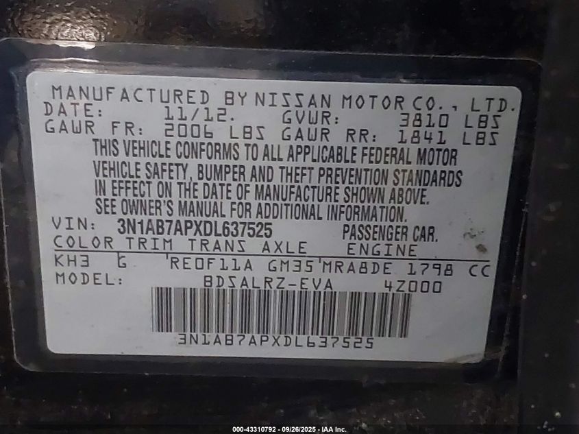 2013 Nissan Sentra Sr VIN: 3N1AB7APXDL637525 Lot: 43310792