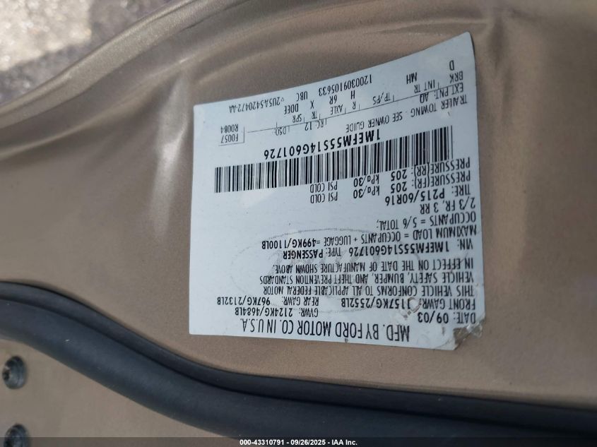 2004 Mercury Sable Ls Premium VIN: 1MEFM55S14G601726 Lot: 43310791