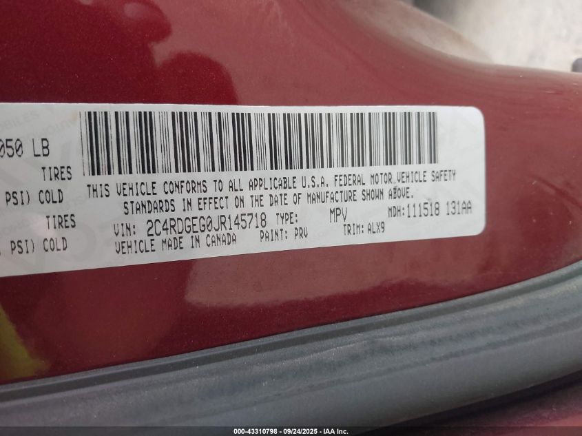 2018 Dodge Grand Caravan Gt VIN: 2C4RDGEG0JR145718 Lot: 43310798