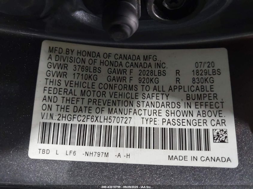 2020 Honda Civic Lx VIN: 2HGFC2F6XLH570727 Lot: 43310799