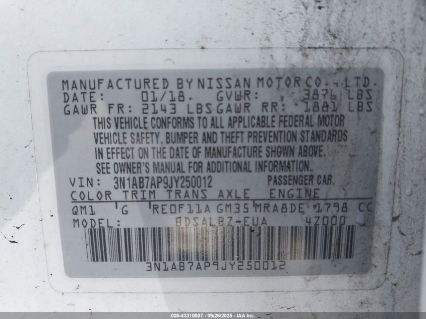 2018 Nissan Sentra S VIN: 3N1AB7AP9JY250012 Lot: 43310807