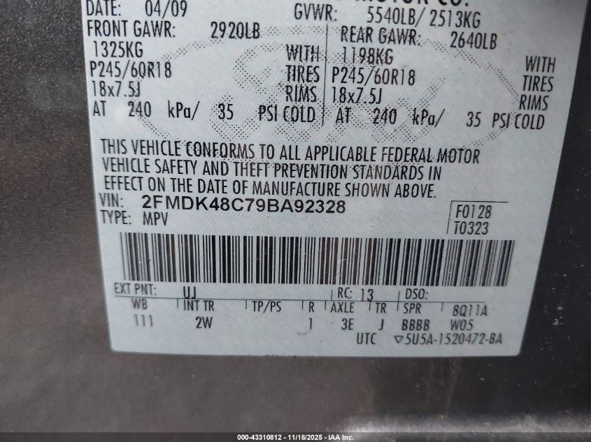 2009 Ford Edge Sel VIN: 2FMDK48C79BA92328 Lot: 43310812