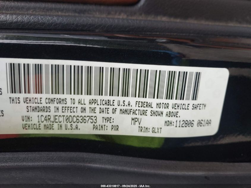 2013 Jeep Grand Cherokee Overland VIN: 1C4RJECT0DC636753 Lot: 43310817