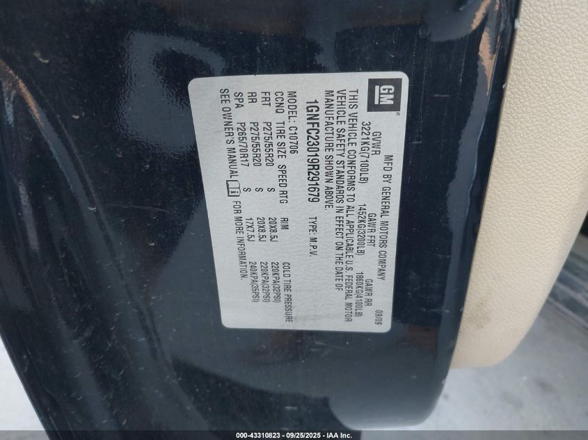 2009 Chevrolet Tahoe Lt2 VIN: 1GNFC23019R291679 Lot: 43310823