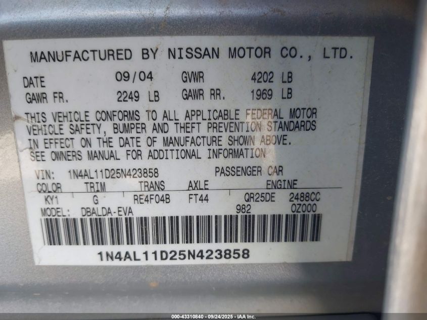 2005 Nissan Altima 2.5 S VIN: 1N4AL11D25N423858 Lot: 43310840