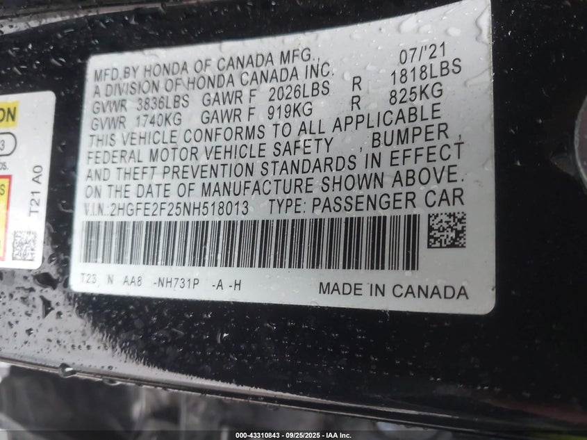 2022 HONDA CIVIC LX - 2HGFE2F25NH518013