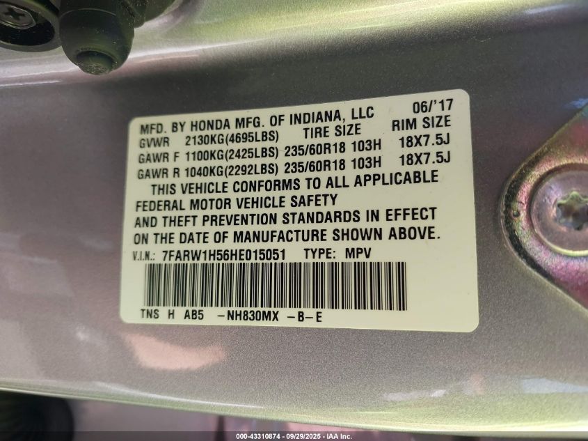 2017 Honda Cr-V Ex VIN: 7FARW1H56HE015051 Lot: 43310874