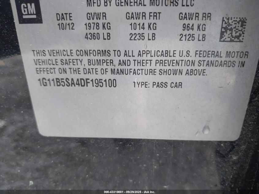 2013 Chevrolet Malibu 1Ls VIN: 1G11B5SA4DF195100 Lot: 43310881