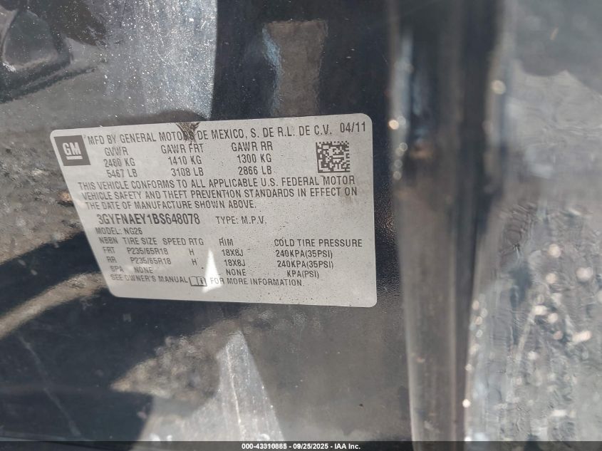 2011 Cadillac Srx Luxury Collection VIN: 3GYFNAEY1BS648078 Lot: 43310885