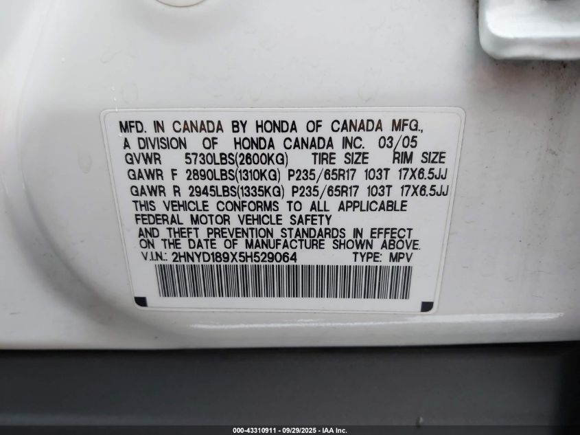 2005 Acura Mdx VIN: 2HNYD189X5H529064 Lot: 43310911