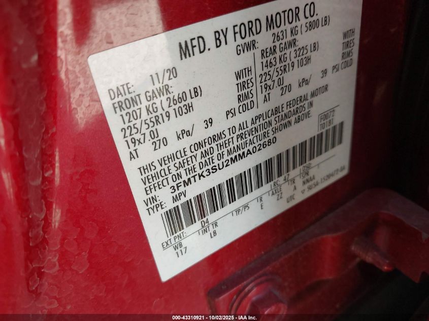 2021 Ford Mustang Mach-E Premium VIN: 3FMTK3SU2MMA02680 Lot: 43310921