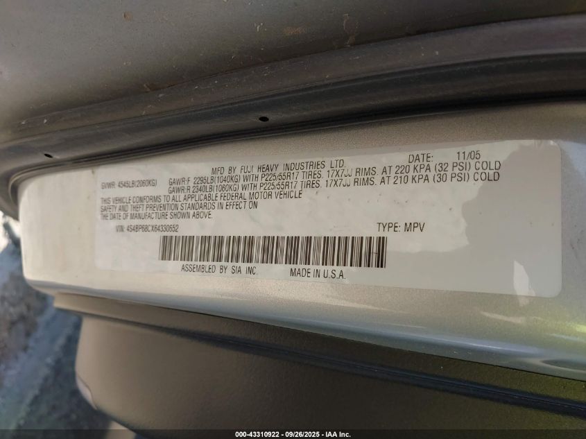 2006 Subaru Outback 2.5Xt VIN: 4S4BP68CX64330652 Lot: 43310922