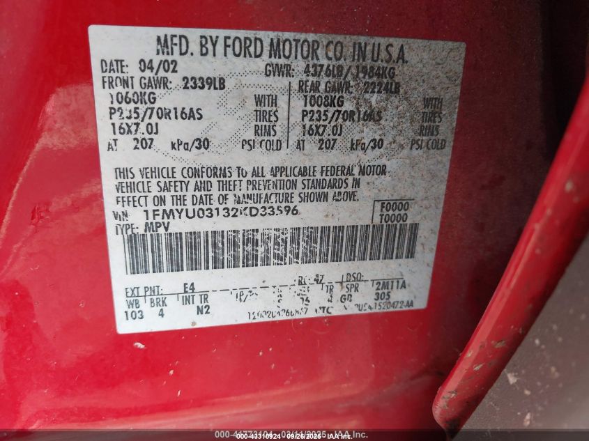 2002 Ford Escape Xlt VIN: 1FMYU03132KD33596 Lot: 43310924