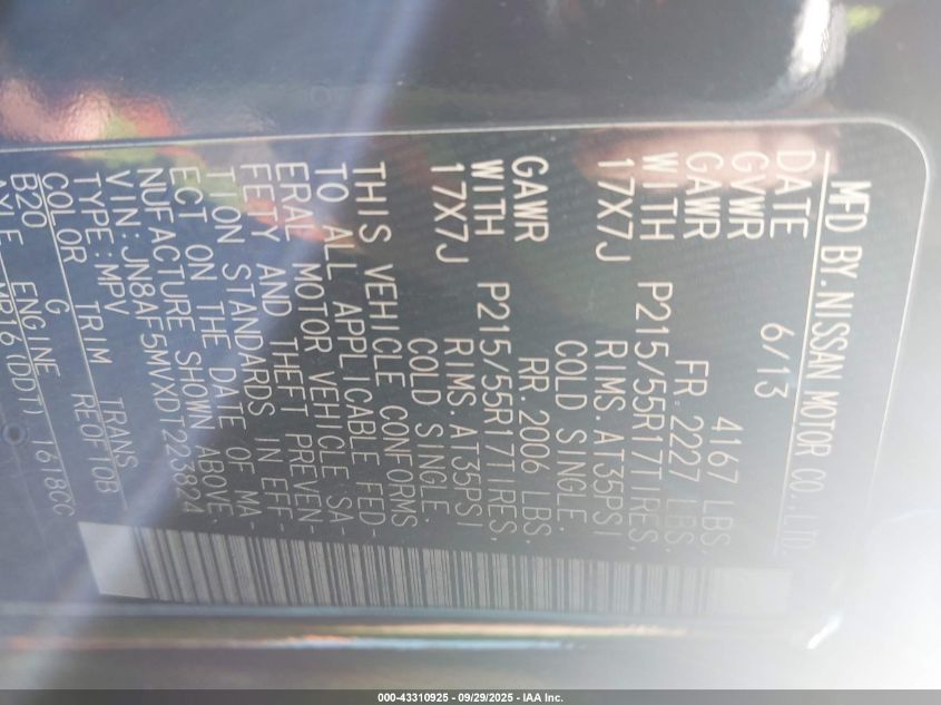 2013 Nissan Juke Sl VIN: JN8AF5MVXDT223824 Lot: 43310925