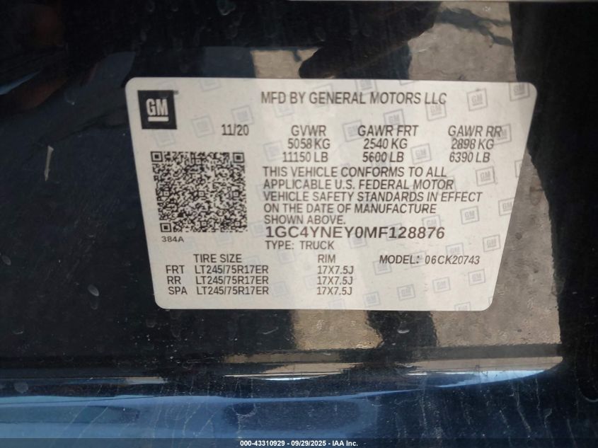 2021 Chevrolet Silverado 2500Hd 4Wd Standard Bed Lt VIN: 1GC4YNEY0MF128876 Lot: 43310929