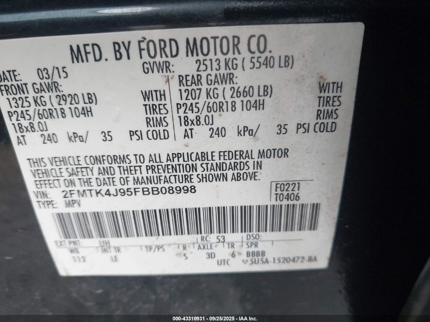 2015 Ford Edge Sel VIN: 2FMTK4J95FBB08998 Lot: 43310931