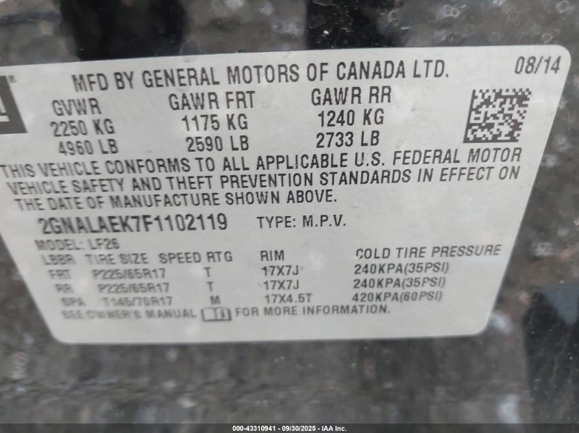 2015 Chevrolet Equinox Ls VIN: 2GNALAEK7F1102119 Lot: 43310941