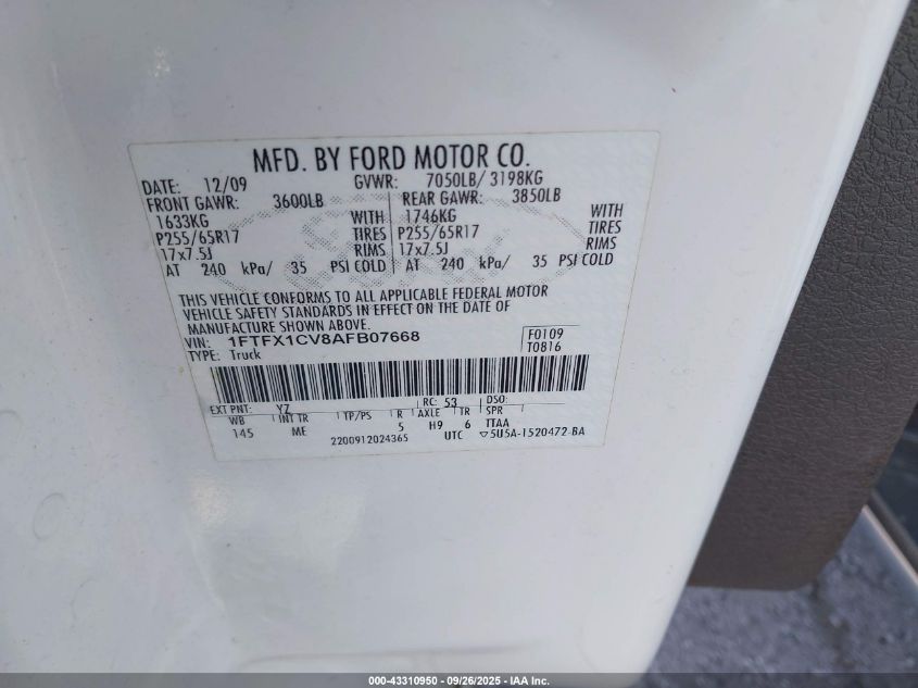 2010 Ford F-150 Fx2 Sport/Lariat/Xl/Xlt VIN: 1FTFX1CV8AFB07668 Lot: 43310950