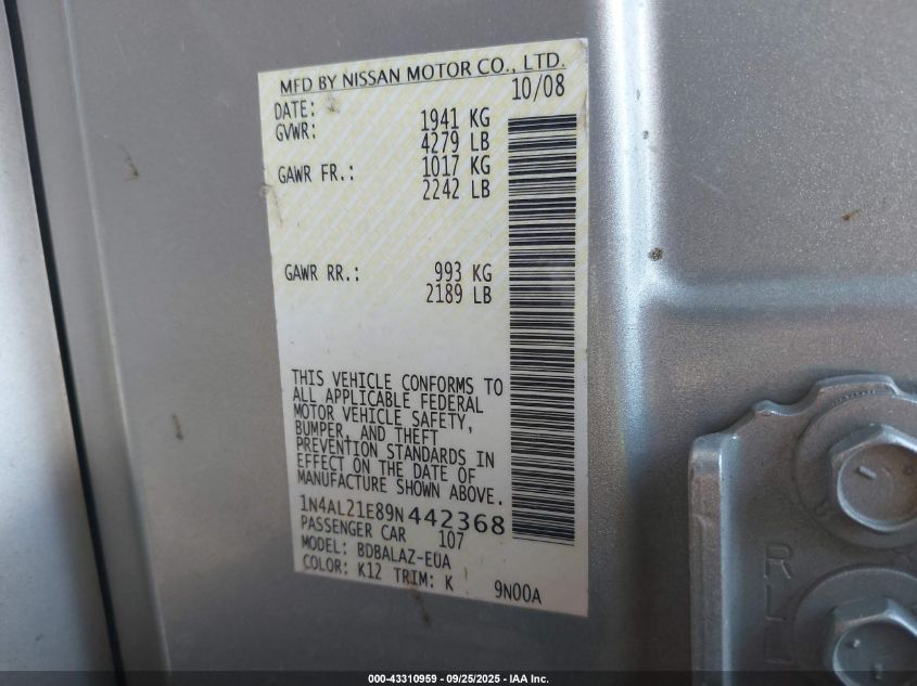 2009 Nissan Altima 2.5 VIN: 1N4AL21E89N442368 Lot: 43310959