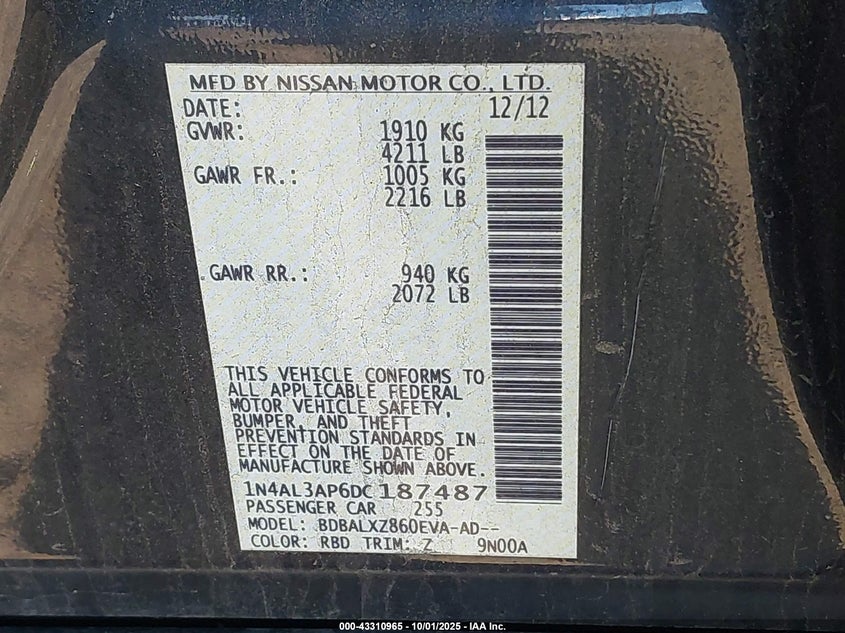 2013 Nissan Altima 2.5 Sl VIN: 1N4AL3AP6DC187487 Lot: 43310965