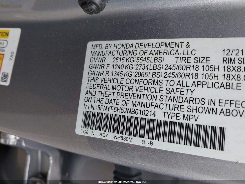 2022 Honda Pilot 2Wd Ex-L VIN: 5FNYF5H52NB010214 Lot: 43310972
