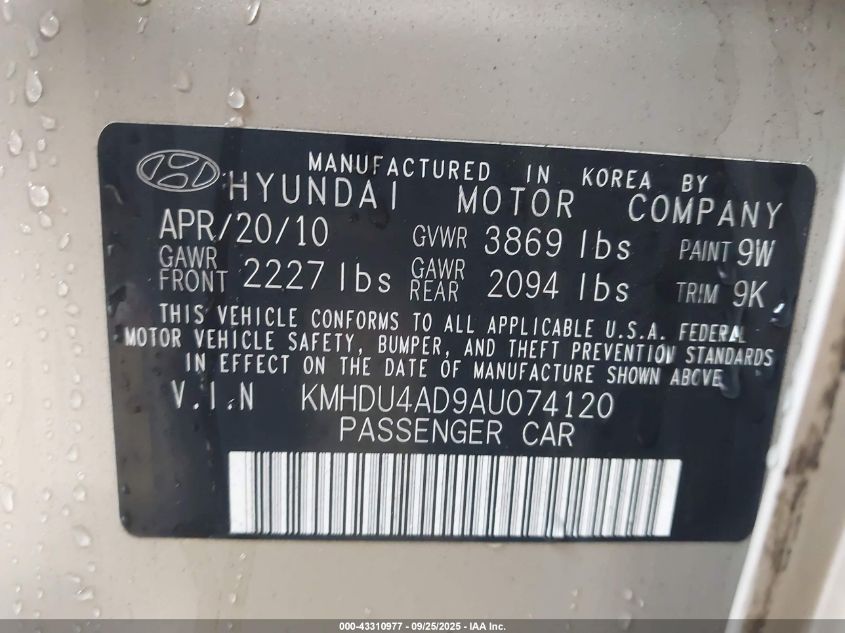 2010 Hyundai Elantra Gls VIN: KMHDU4AD9AU074120 Lot: 43310977