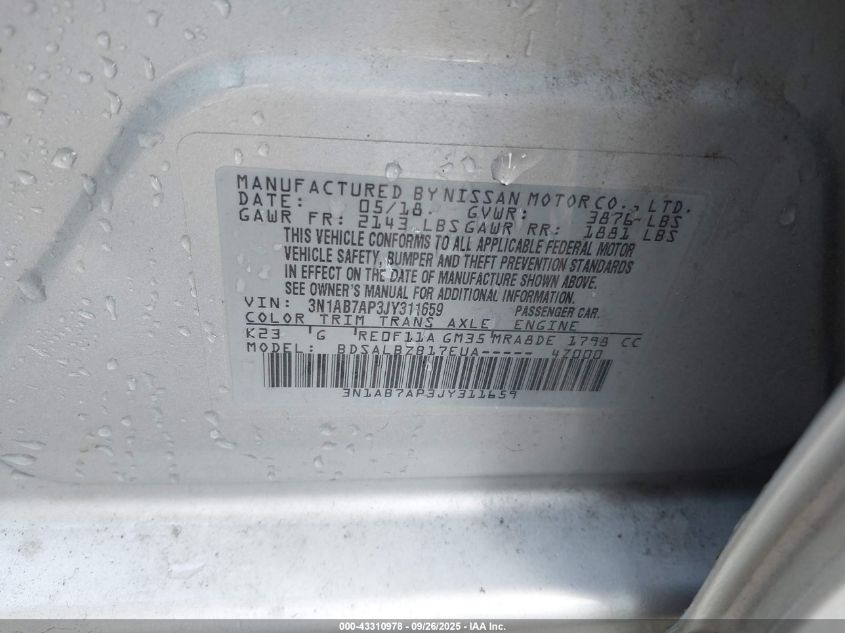 2018 Nissan Sentra S VIN: 3N1AB7AP3JY311659 Lot: 43310978