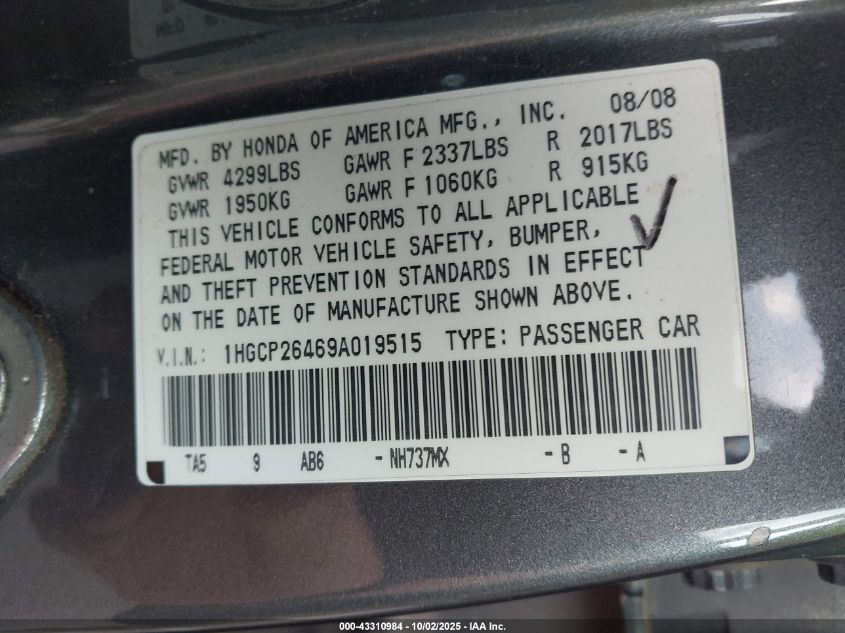 2009 Honda Accord 2.4 Lx-P VIN: 1HGCP26469A019515 Lot: 43310984