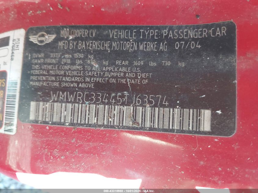 2005 Mini Cooper VIN: WMWRC33445TJ63574 Lot: 43310988