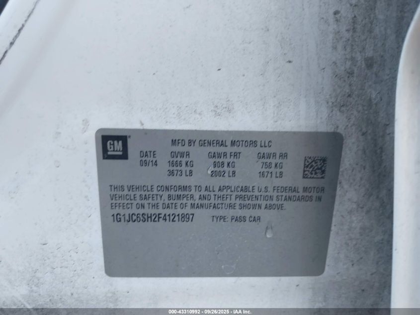 2015 Chevrolet Sonic Lt Auto VIN: 1G1JC6SH2F4121897 Lot: 43310992