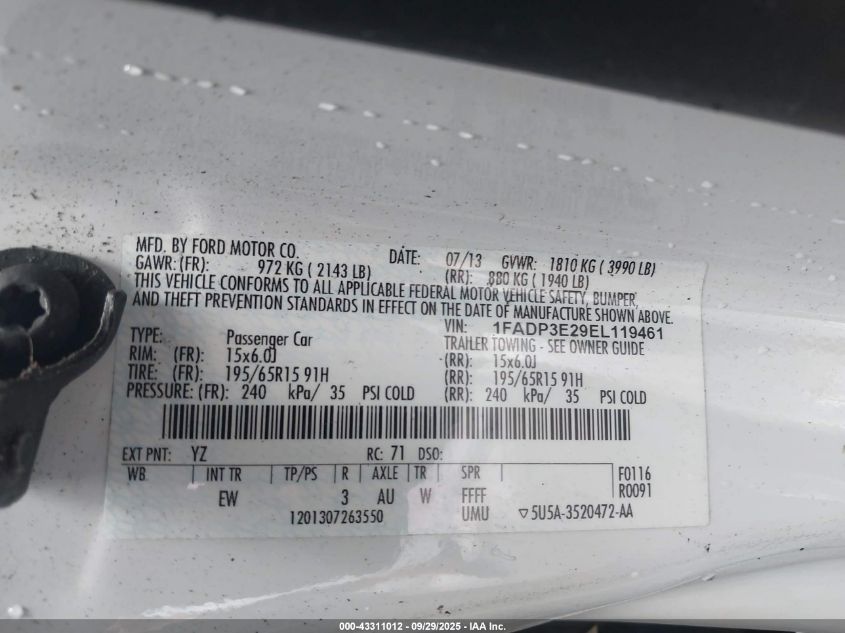 2014 Ford Focus S VIN: 1FADP3E29EL119461 Lot: 43311012